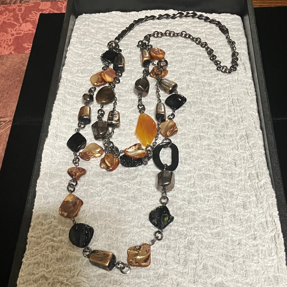 Long Multi-Stone Amber & Black Layered Necklace